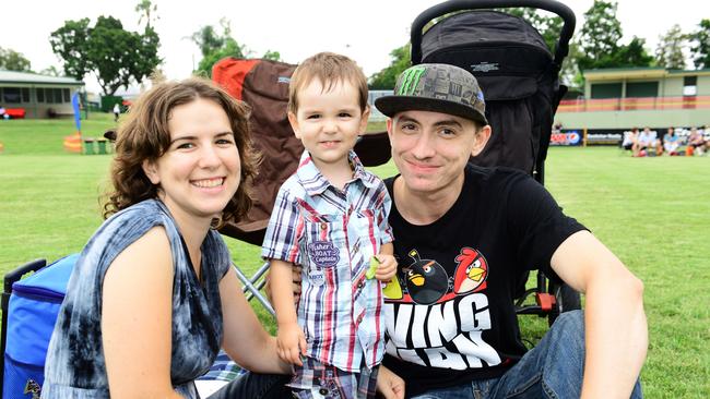 Kylie and Matt Bowe of Raceview and their son Caleb, 2, welcomed in 2014 with a free community celebration at North Ipswich Reserve. Picture: David Nielsen