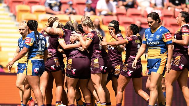 Broncos players celebrate a try. Picture: Dan Peled/Getty