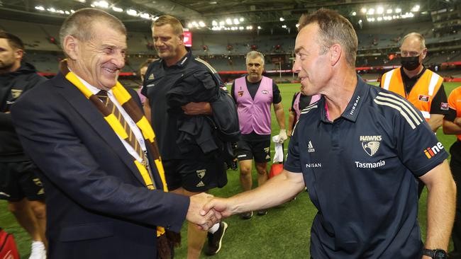 Hawks president Jeff Kennett, left, with coach Alastair Clarkson after the round 1 win this year. Kennett is one of five AFL presidents to have expressed support for a Tasmanian AFL team. Picture: Michael Klein