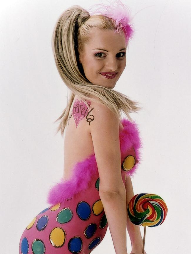 Nightclub dancer Nikki Kosmider-Heuskes, aka Barbarella or Barbi girl, wearing body paint by Emma Hack in 2000.