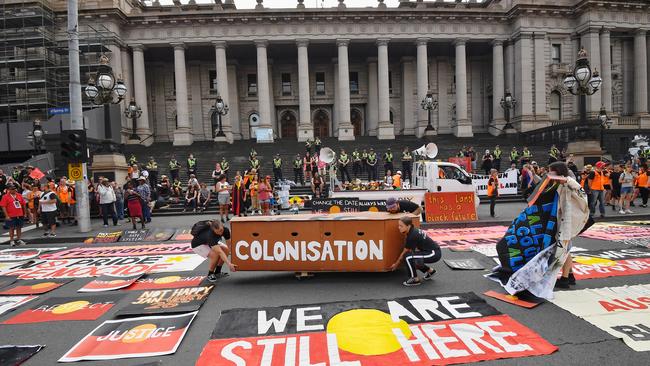 The Invasion Day protest on the steps of Parliament House, Spring St. Picture: Jason Edwards