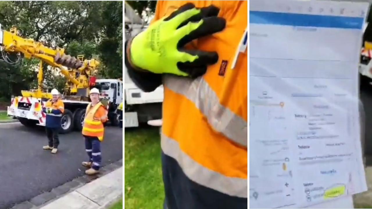 A conspiracy theorist charged onto an active job site and accused the tradies of committing a crime, but the tradie delivered a hilarious clap back. Picture: Twitter