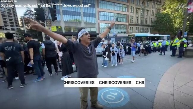 A screengrab from a video put on X showing the rally at Hyde Park. The man was filmed shouting anti-Semitic language on a busy Sydney street. Picture: X/@AustralianJAPicture