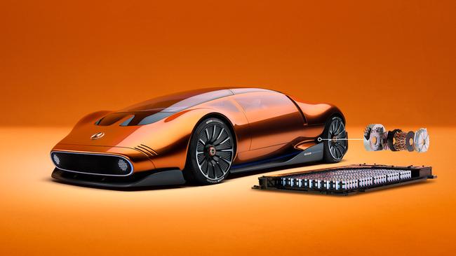 A Mercedes Vision One-Eleven electric vehicle showing a YASA engine and the cell battery. Picture: Supplied