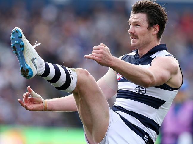 AFL Round 12. 09/06/2018.  Geelong v North Melbourne at GMHBA Stadium, Geelong.  Geelong's Patrick Dangerfield kicks at goal 2nd qtr    . Pic: Michael Klein