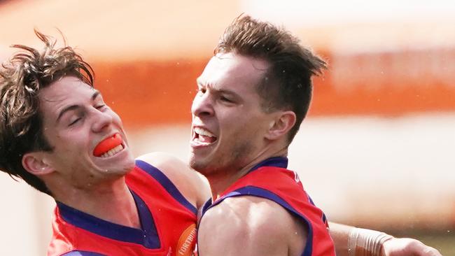 Shannen Lange (right) celebrates a goal for Port Melbourne in 2019.