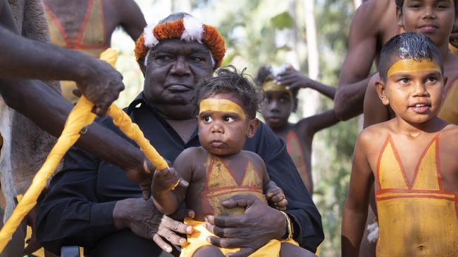 Yunupingu with Gumatj boys at Garma in 2019. Picture: Peter Eve