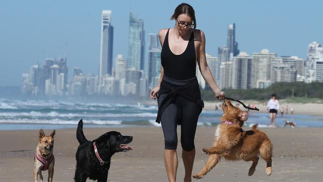 Ms Bianca Andersen 28 with her two dogs Bailey (black) and Lily (Tan). Picture Mike Batterham