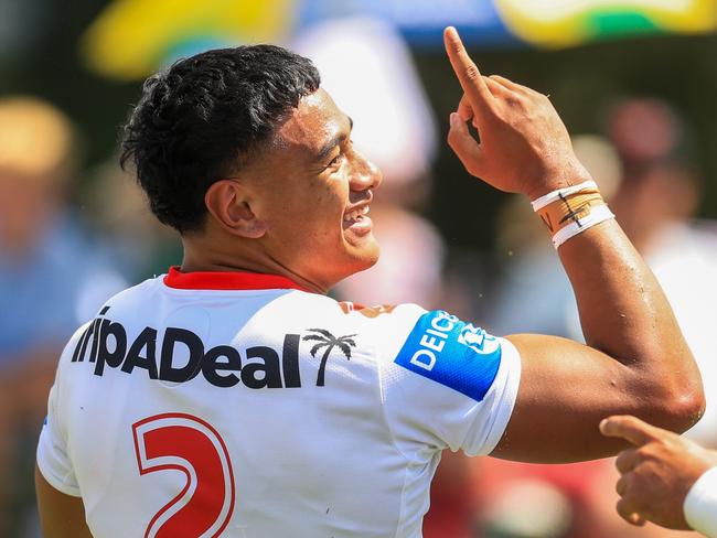 Sione Finau celebrates scoring a try for the Dragons. Picture: Getty Images