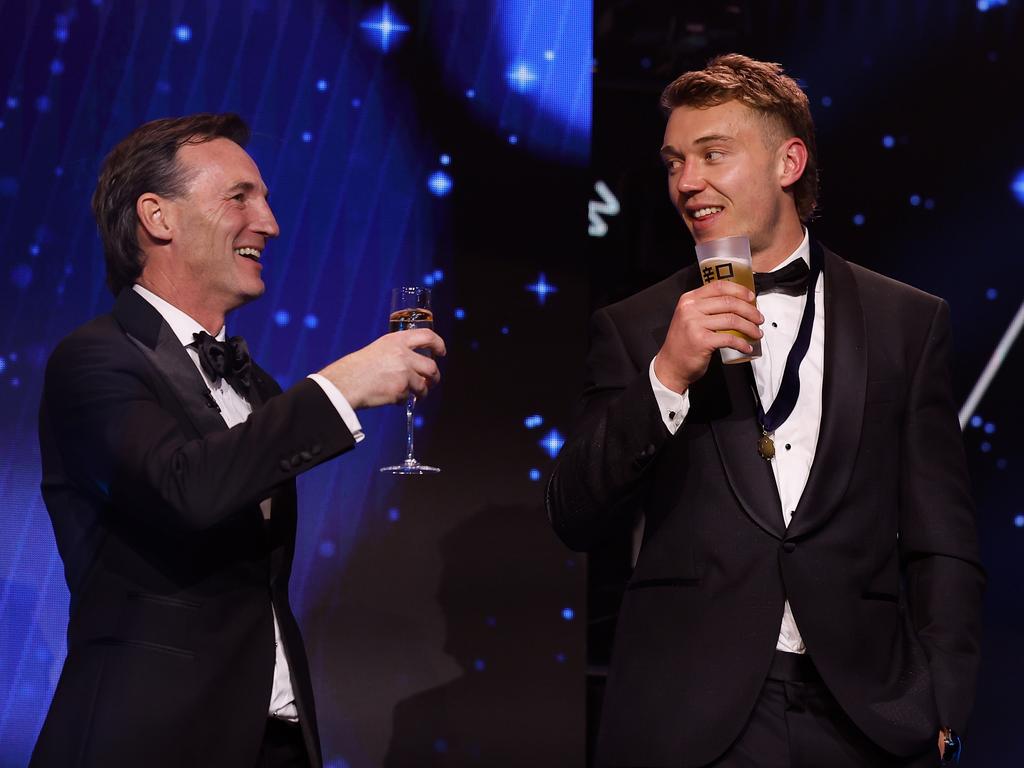 Andrew Dillon toasts Carlton skipper Patrick Cripps after he is awarded the Brownlow Medal. Picture: Getty Images