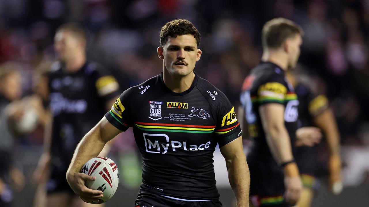 Nathan Cleary of Penrith Panthers warms up ahead of the Betfred Super League Final match between Wigan Warriors v Catalans Dragons at DW Stadium on February 24, 2024 in Wigan, England. (Photo by Jan Kruger/Getty Images)