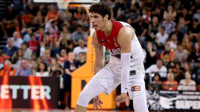 Hawks LaMelo Ball during the Round 6 NBL match between Cairns Taipans and Illawarra Hawks at the Cairns Convention Centre in Cairns, Saturday, November 9, 2019. (AAP Image/Marc McCormack)