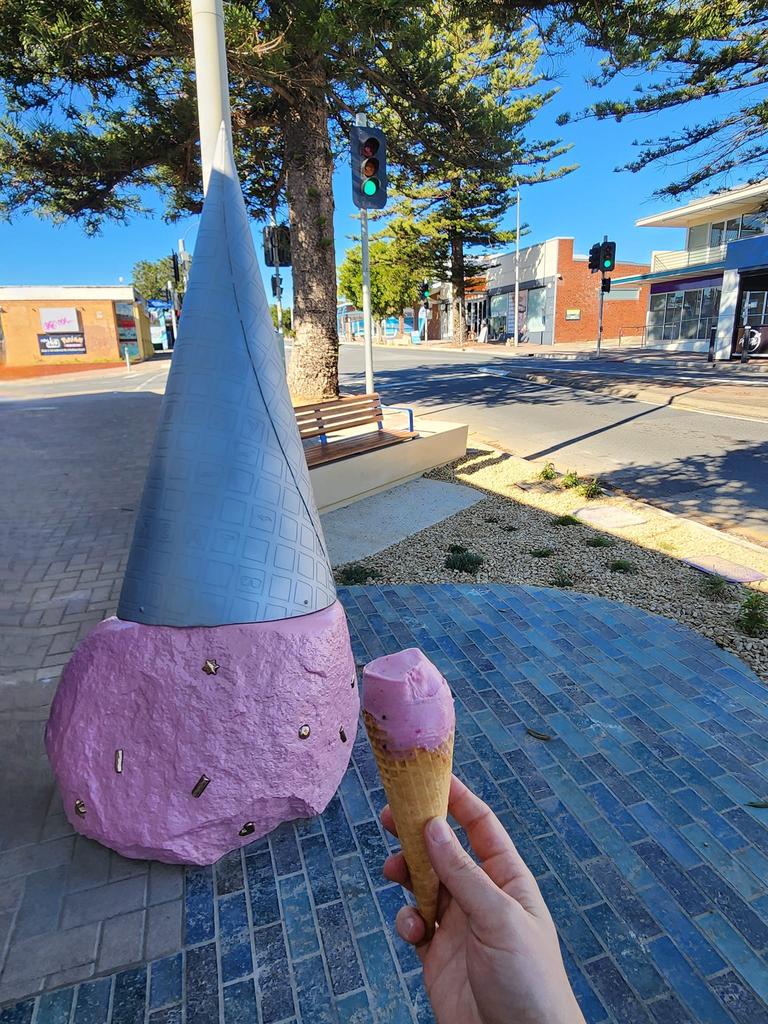 The new ice cream artwork called ‘Oops’ was unveiled on Beach Rd at Christies Beach. Picture: Facebook