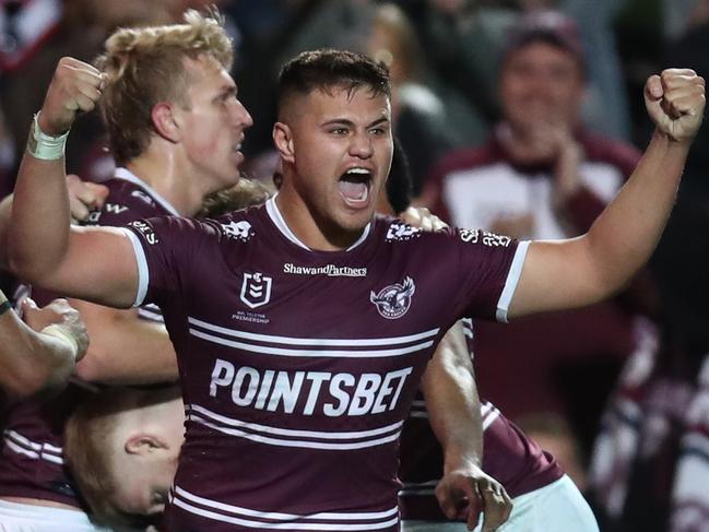 SYDNEY, AUSTRALIA - JULY 02: Josh Schuster of the Sea Eagles celebrate victory following the round 18 NRL match between Manly Sea Eagles and Sydney Roosters at 4 Pines Park on July 02, 2023 in Sydney, Australia. (Photo by Jason McCawley/Getty Images)