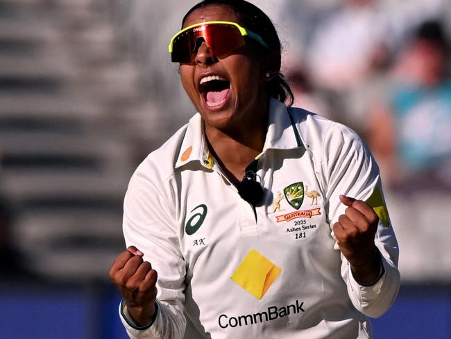 Australia's Alana King celebrates dismissing England's Nat Sciver-Brunt on the third day of the Women's Ashes cricket Test match between Australia and England at the Melbourne Cricket Ground (MCG) in Melbourne on February 1, 2025. (Photo by William WEST / AFP) / --IMAGE RESTRICTED TO EDITORIAL USE - STRICTLY NO COMMERCIAL USE--