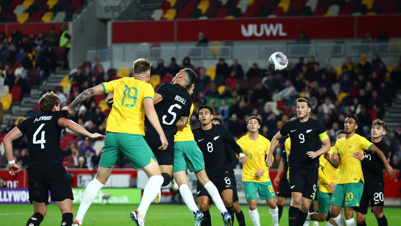 Jackson Irvine (obscured) scores Australia’s second goal in the comfortable win. Picture: Getty