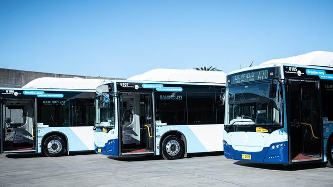 New electric buses at the SeaLink-operated Leichhardt depot in NSW. Picture: Flavio Brancaleone