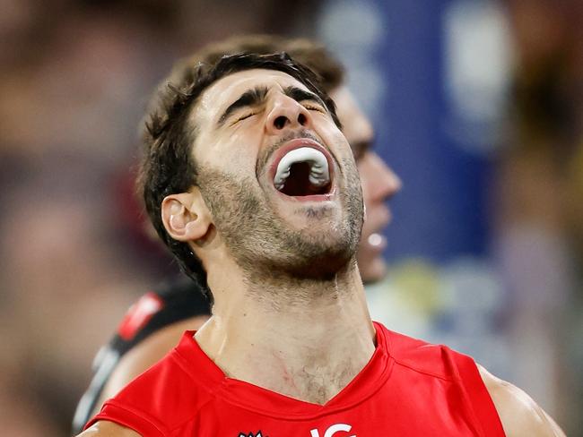 MELBOURNE, AUSTRALIA - APRIL 24: Christian Petracca of the Demons reacts during the 2024 AFL Round 07 match between the Richmond Tigers and the Melbourne Demons at the Melbourne Cricket Ground on April 24, 2024 in Melbourne, Australia. (Photo by Dylan Burns/AFL Photos via Getty Images)