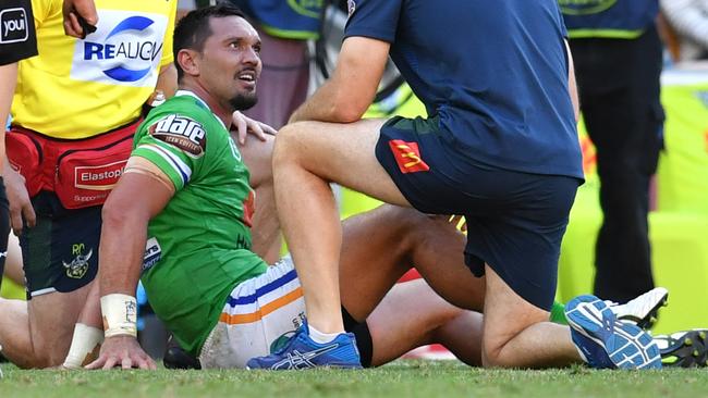 Jordan Rapana got nothing for the hit from Peni Terepo. Image: AAP Image/Darren England