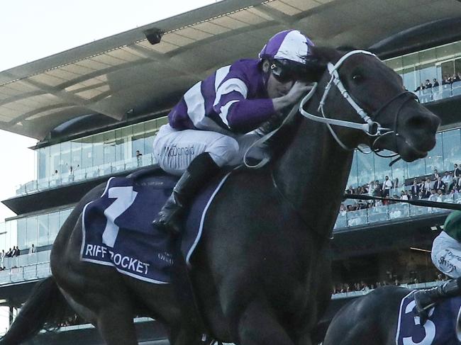 SYDNEY, AUSTRALIA - APRIL 06: James Mcdonald riding Riff Rocket  wins Race 9 ATC Australian Derby during Sydney Racing at Royal Randwick Racecourse on April 06, 2024 in Sydney, Australia. (Photo by Jeremy Ng/Getty Images)