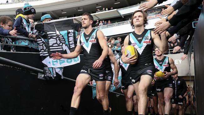 Port’s Jared Polec, right, looks to have played his last game for the Power. Picture: Sarah Reed