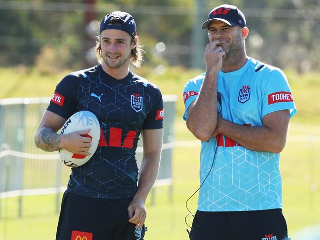 Nicho Hynes (L) was reduced to playing spectator when the NSW State of Origin team trained at Leura Blue Mountains Grammar School. Picture: Rohan Kelly