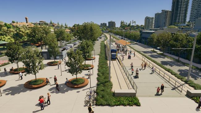 Artist impression of Gold Coast Light Rail Stage 4 between Tugun and Coolangatta, including Gold Coast Airport and the NSW border. Picture: Department of Transport and Main Roads.