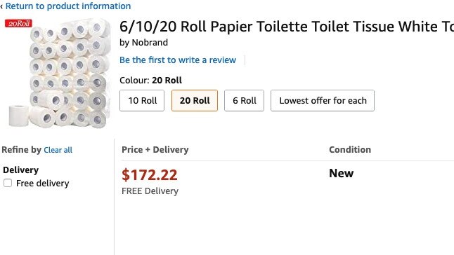 Twenty rolls of toilet paper are being sold for $170 on Amazon Australia’s website. Picture: Supplied