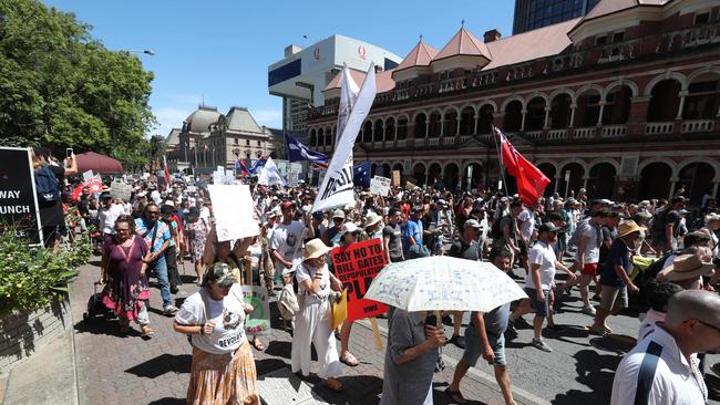 The Freedom Rally in the Brisbane CBD on Saturday. Picture: Annette Dew