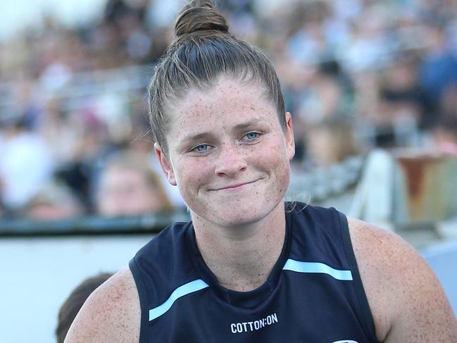 Brianna Davey of Carlton leads her team out ahead of the AFLW Round 1 match between Carlton Blues and Collingwood Magpies at Ikon Park, Melbourne, on Friday, February 2, 2018. (AAP Image/Hamish Blair) NO ARCHIVING, EDITORIAL USE ONLY