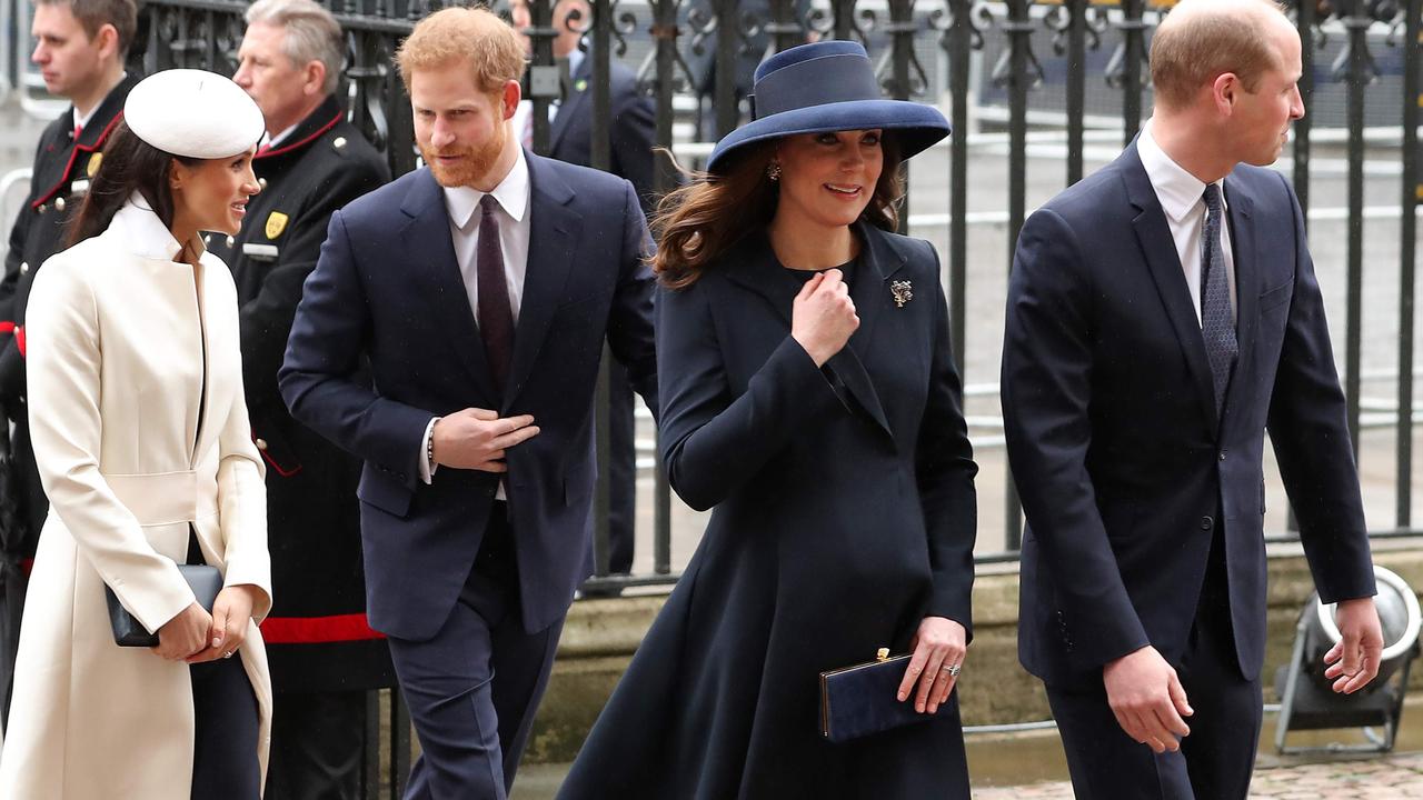 Meghan and Harry as an engaged couple with Kate and William in 2018 at Westminster Abbey. Picture: Daniel Deal-Olivas/AFP