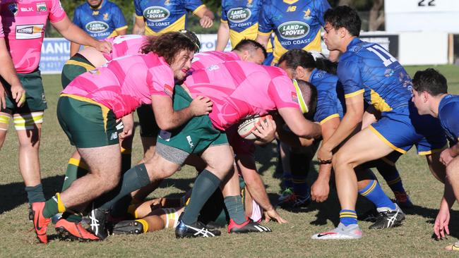 GCDRU (Gold Coast Rugby) first grade clash between Surfers Paradise Dolphins and Gold Coast Eagles. Ivan Merli latches on. Action for gallery.