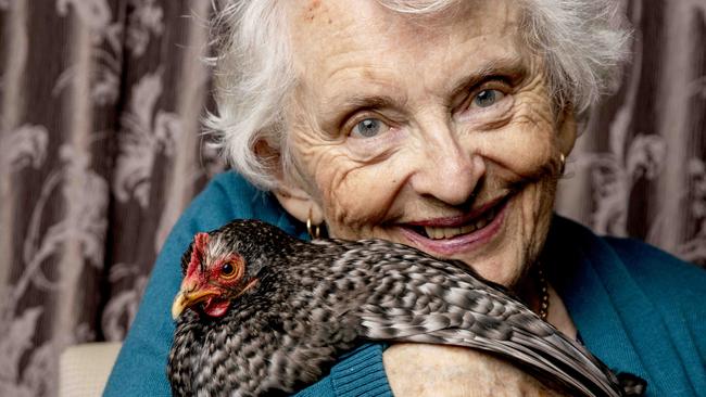 Marjorie O'Brien with healing hen Freckles. Picture: Nicole Cleary