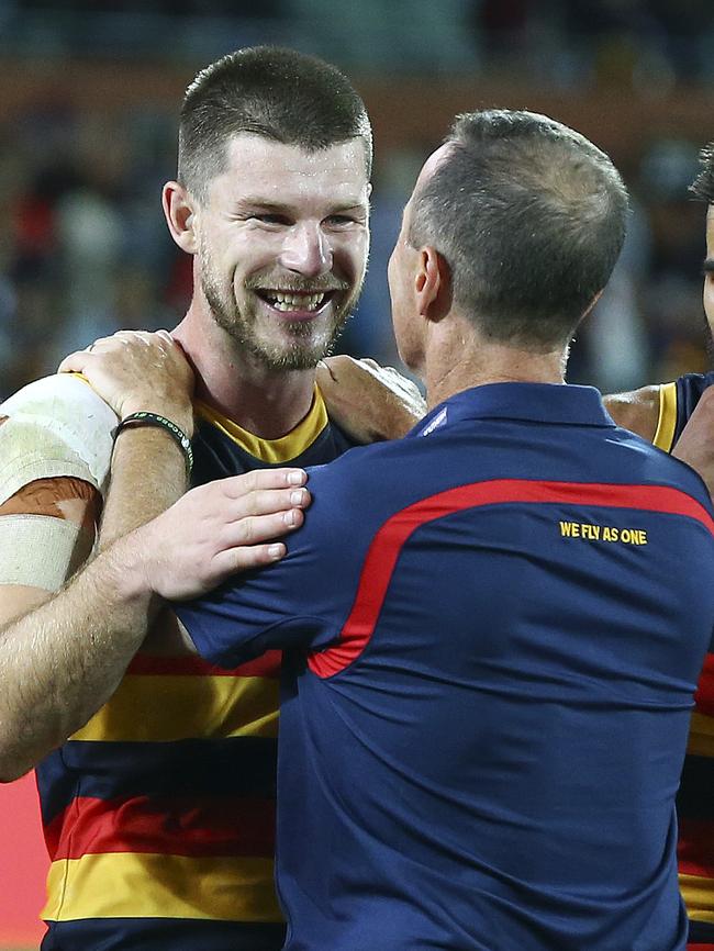 Bryce Gibbs with Don Pyke after the win. Picture: Sarah Reed