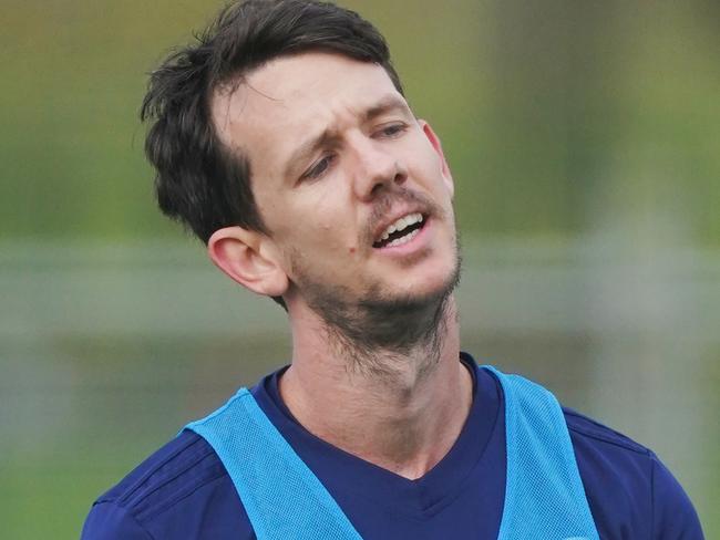 Robbie Kruse reacts during an A-League Melbourne Victory training session at GoschÃ¢â¬â¢s Paddock in Melbourne, Wednesday, June 24, 2020. (AAP Image/Michael Dodge) NO ARCHIVING