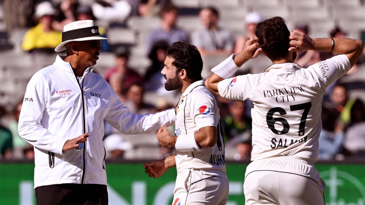 Pakistan batsmen Mohammad Rizwan (C) was furious after being given out.