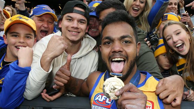 West Coast's Willie Rioli with cousin Daniel Rioli at this year’s Grand Final. Picture: Michael Klein