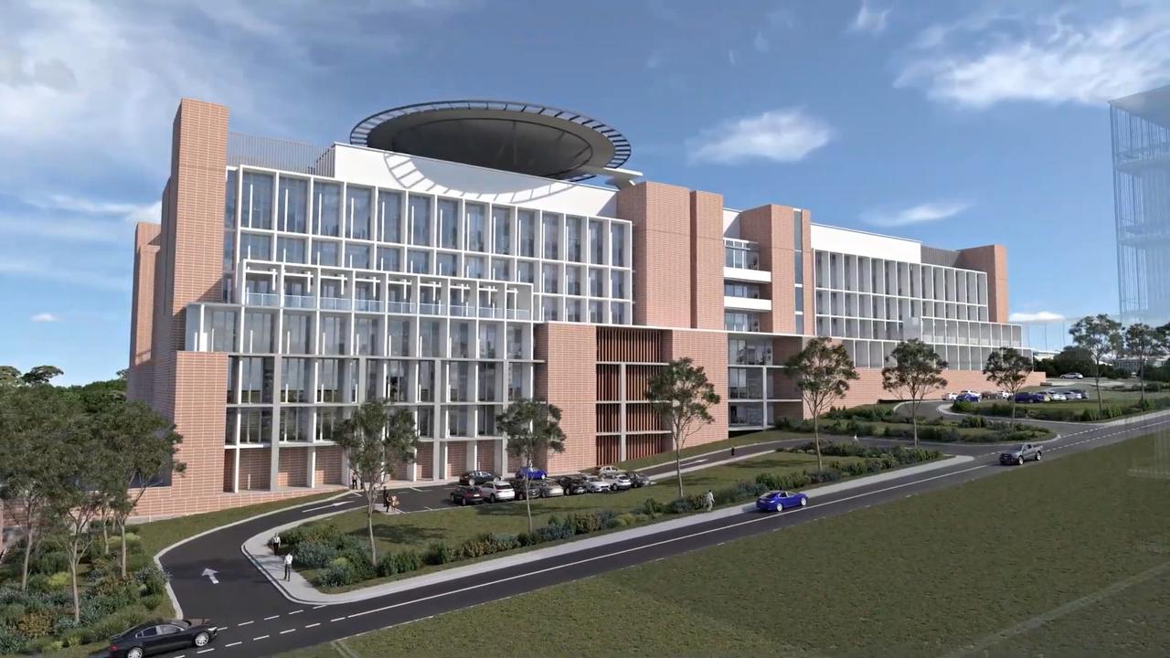 A flyover of what the new Toowoomba Hospital precinct will look like at Baillie Henderson in Cranley, courtesy of contractor John Holland and Darling Downs Health.