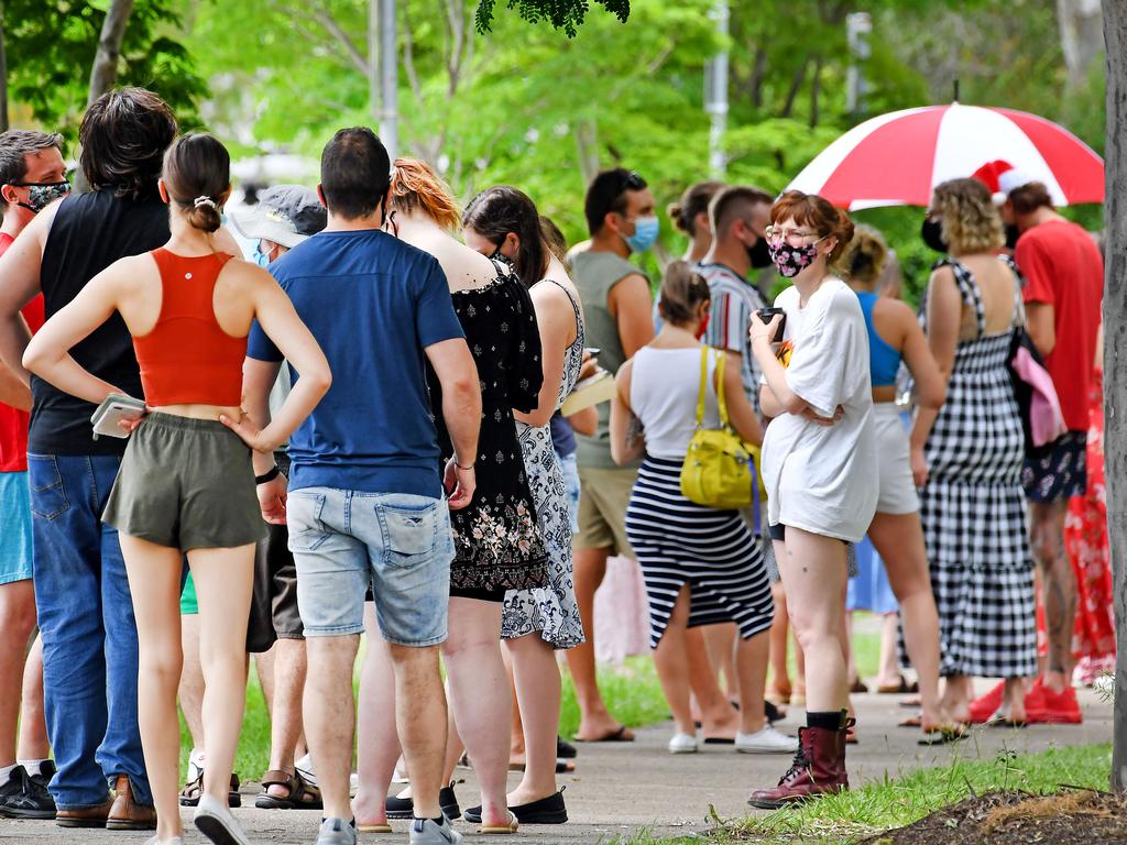 Covid-19 testing lines at the Chermside Community Health Centre on Christmas Day. Picture: John Gass