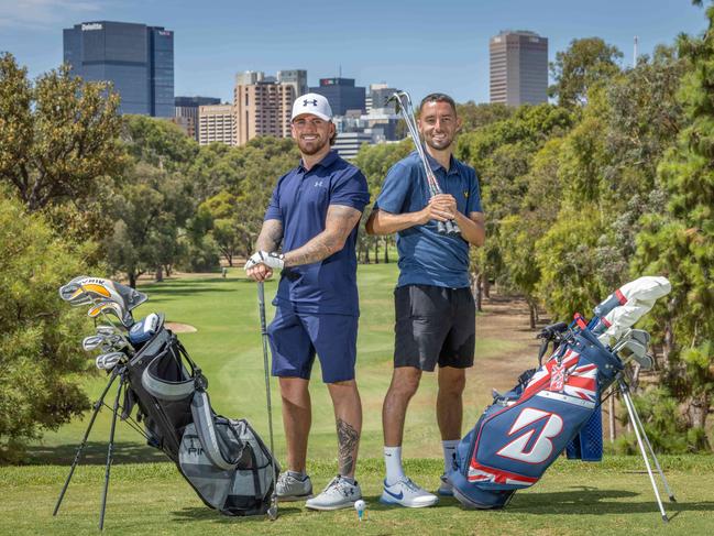 Harry Lloyd-Jones and Kyle Dent at the North Adelaide Golf Course. Picture: Ben Clark