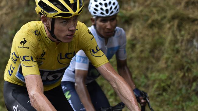 Great Britain's Christopher Froome (L), wearing the overall leader's yellow jersey, and Colombia's Nairo Quintana, wearing the best young's white jersey, ride during the 195 km twelfth stage of the 102nd edition of the Tour de France cycling race on July 16, 2015, between Lannemezan and Plateau de Beille, southern France. AFP PHOTO / ERIC FEFERBERG