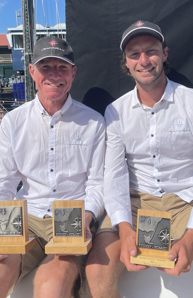 Lincoln Dews and Lee Condell with their awards following the 2022 Sydney to Hobart. Picture: Contributed.