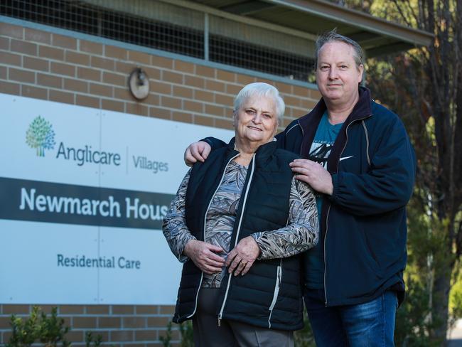 Anthony Bowe with his mum Patricia Shea, 76, a resident at Newmarch House. The NSW aged care home was crippled by a COVID-19 outbreak earlier this year. Picture: Justin Lloyd