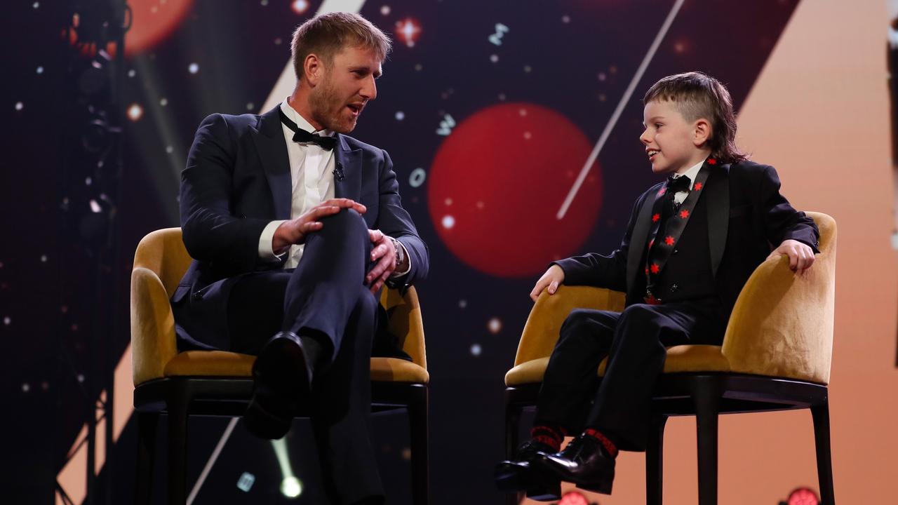 Auskicker of the Year Archie Stockdale and Dyson Heppell of the Bombers during the 2022 Brownlow Medal. Picture: Michael Willson/AFL Photos via Getty Images