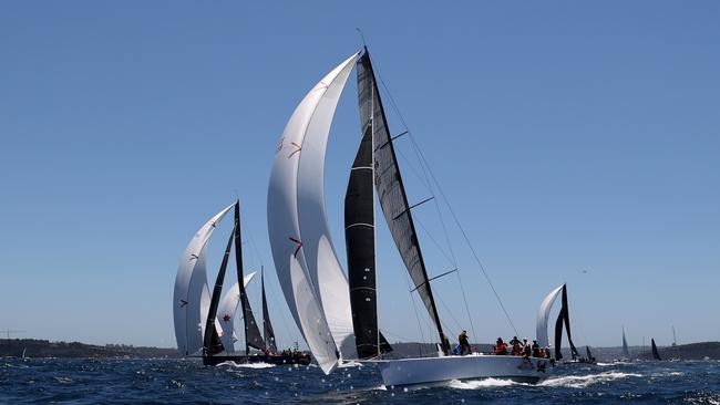 SYDNEY, AUSTRALIA - DECEMBER 26: Porco Rosso sails out of Sydney head during the start of the 2025 Sydney to Hobart on Sydney Harbour on December 26, 2024 in Sydney, Australia. (Photo by Brendon Thorne/Getty Images)