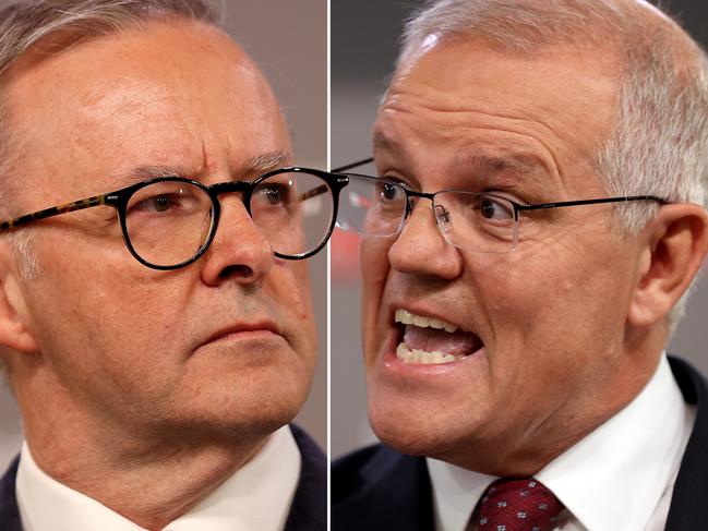 COMPOSITE IMAGE - (BOTH HAVE SAME CAPTION)FEDERAL ELECTION TEAM 2022. LEADERS DEBATE.  POOL IMAGES. 20/4/2022Sky News / The Courier-Mail PeopleÃƒÆ’Ã‚â€¢s Forum with Scott Morrison  and Anthony Albanese at the Gabba, Brisbane in front of 100 undecided voters, the first debate of the federal election. Picture: Toby Zerna