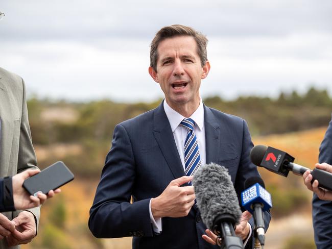 Federal Minister for Trade, Tourism and Investment Simon Birmingham speaks to media during a press conference announcing Australia's first compressed air energy storage project at Angas Zinc Mine near Strathalbyn, South Australia, Friday, February 8, 2019. (AAP Image/James Elsby) NO ARCHIVING