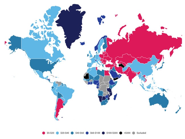 A map of internet by price shows the cheapest internet is primarily in the old Soviet Union regions, but this doesn't mean it's good quality or even affordable for the people who live there.