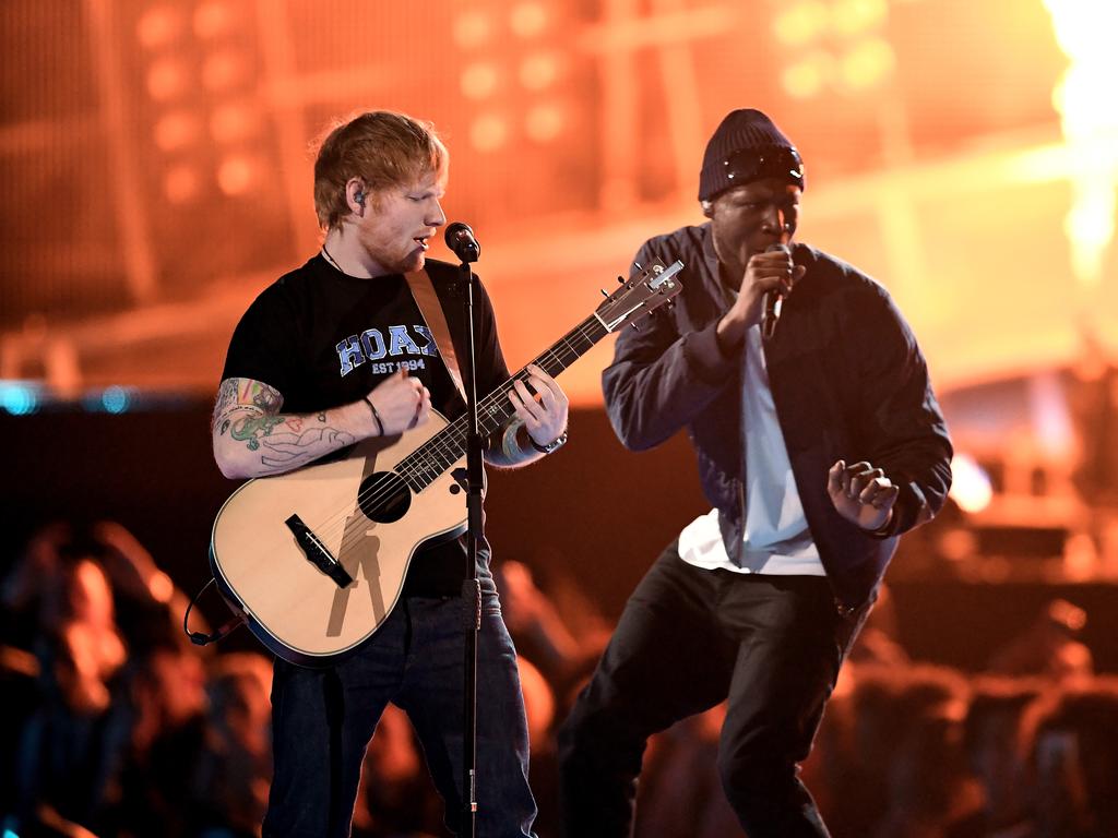 Ed Sheeran and Stormzy perform on stage at The BRIT Awards 2017 at The O2 Arena on February 22, 2017 in London, England. Picture: Getty