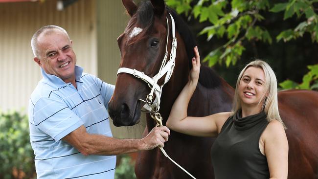 Trainer Lee Curtis and wife Cherie with Lasqueti Spirit at their Rosehill stable in Sydney. Picture: Brett Costello